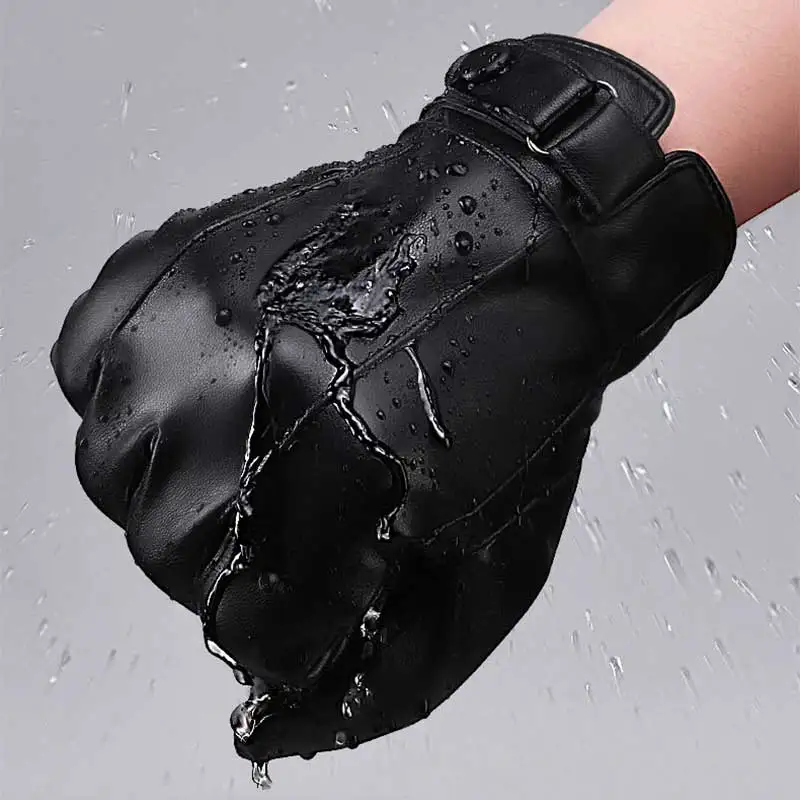 Guantes tácticos de cuero para hombre, manoplas de lana para pantalla táctil, cálidos e impermeables, para conducir, para invierno