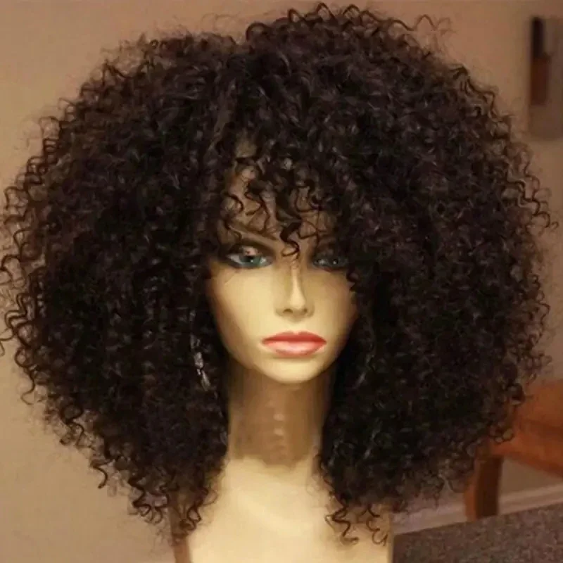 16-Zoll-Afro-Perücke mit verworrenem lockigem Haar und Pony, weiche, flauschige Kunstfaser, keine Spitzenperücken für Party, Cosplay, täglicher Gebrauch