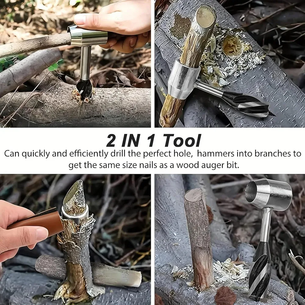 Manual Wood Auger Hand Drill Wrench Bushcraft Survival Tool for Camping Shelter Building Peg Making with Carrying Sheath