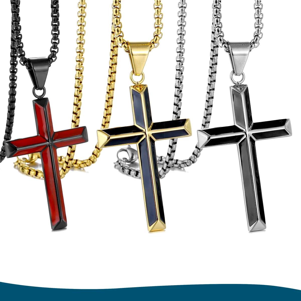 

Fashionable and Creative Oil Stained Cross Men's Accessories Product Stainless Steel Pendant with 61cm/3mm Square Pearl Chain