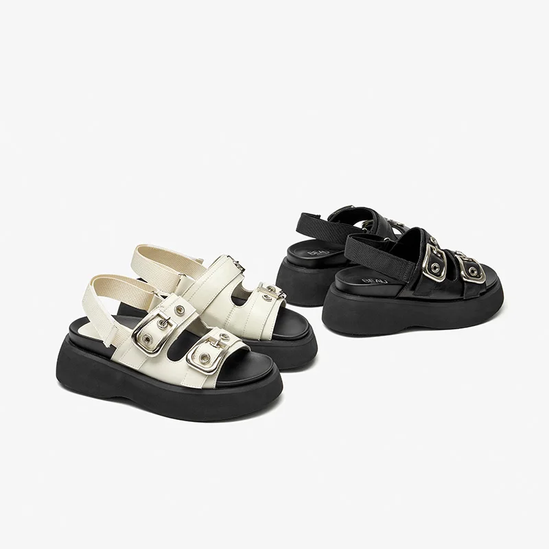 BeauToday Chunky sandały damskie z wystającym palcem Slingback pasek z metalową sprzączką prawdziwej skóry Casual platforma letnie buty damskie 38209