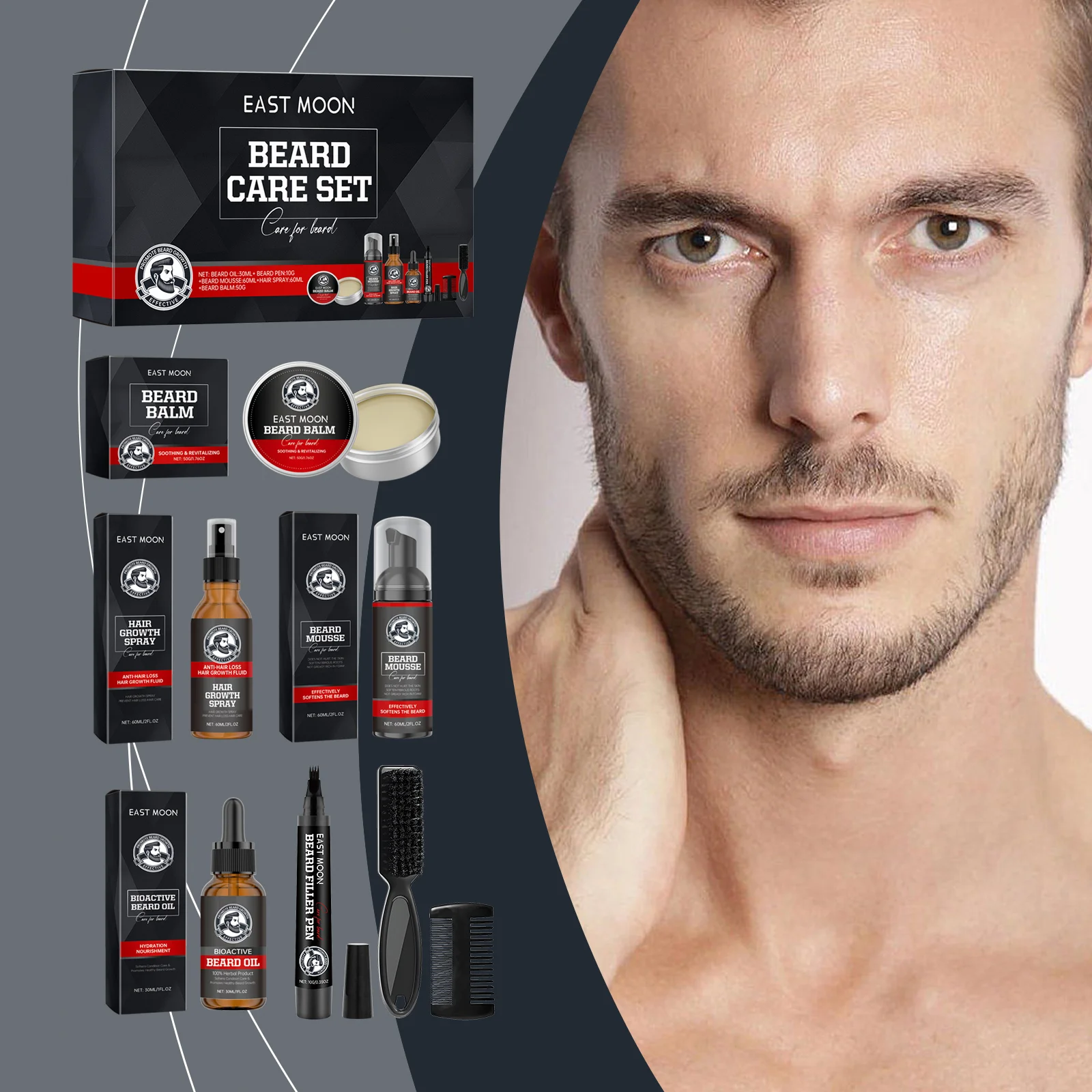 East Moon Men's Beard Care Kit Shine Soften Beard Strengthens Mustaches Smooth Nourishing Beard Oil Moustache Nursing Product