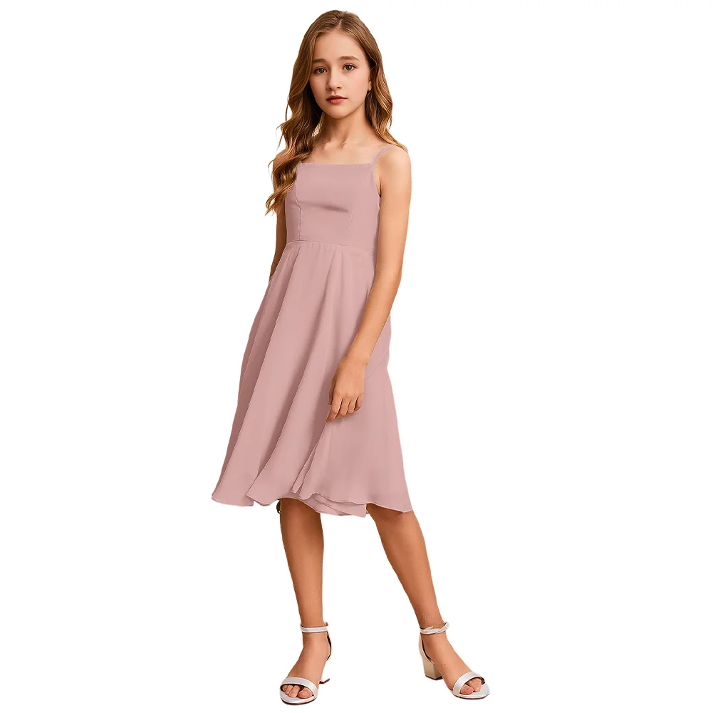 Платье трапециевидной формы для юных подружек невесты, платье с цветочным узором для девочек, шифоновое платье с квадратным вырезом длиной до колена для девочек, свадебное мероприятие для особых случаев