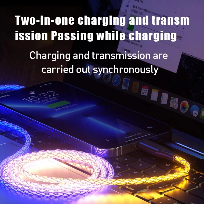 RGB 100W PD USB-C-Type-C 초고속 충전 케이블 66W 30W 흐름 iPhone Android 용 멋진 다채로운 빛나는 데이터 충전기 라인