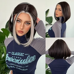 EASIHAIR Black with White Highlight Short Bob Synthetic Natural Wigs for Women Cosplay Lolita Heat Resistant Fiber Wigs