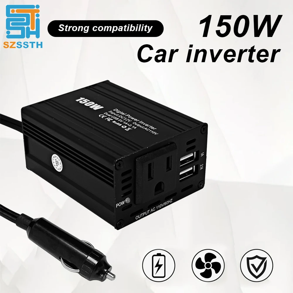 Transformador automático do carro com Dual USB US Socket, Conversor de energia, 150W, DC para AC, 12V a 110V, Adaptador para carro, Dropship