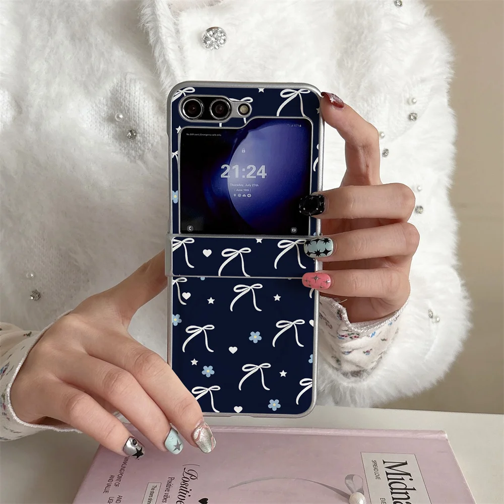 Navy Blue Bow Floral Star PU Leather Phone Case For Samsung Z Flip 8 7 6 5 4 Full Hinge Protection Anti‑Drop Folding Shockproof