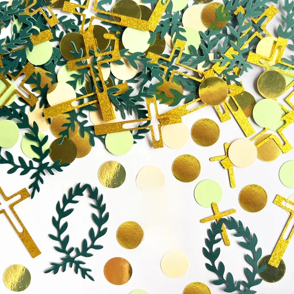 Kerk Bruiloft Babyshower Confetti Kruis Bijbel Tafel Verstrooit Groene Bladeren Pailletten Verjaardag Heilige Communie Diy Feestartikelen - afbeelding 2