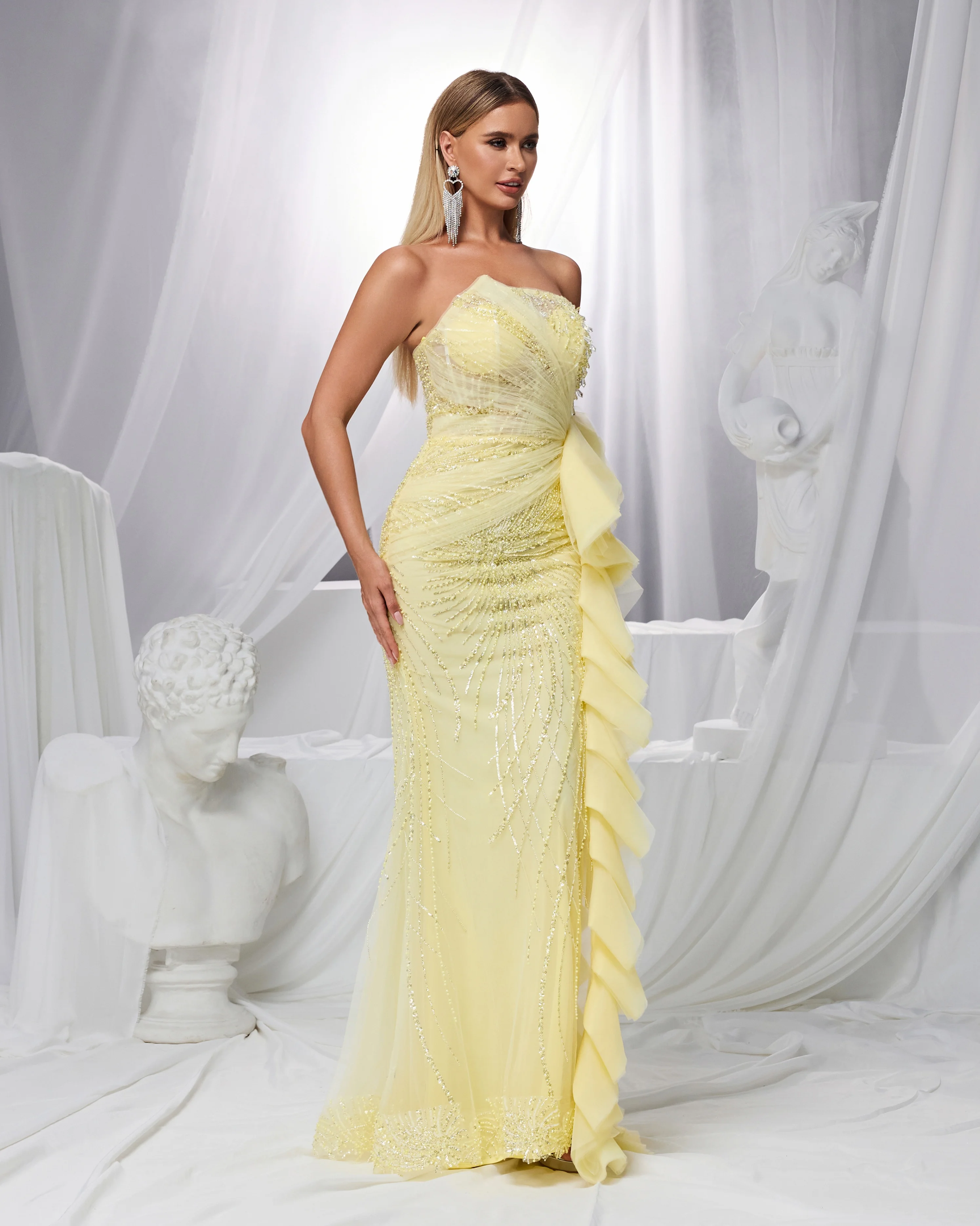 شاليمار تشانغ فساتين السهرة الصفراء للسيدات مع الماس اليدوية كيب كم حورية البحر فستان سهرة فاخر حسب الطلب