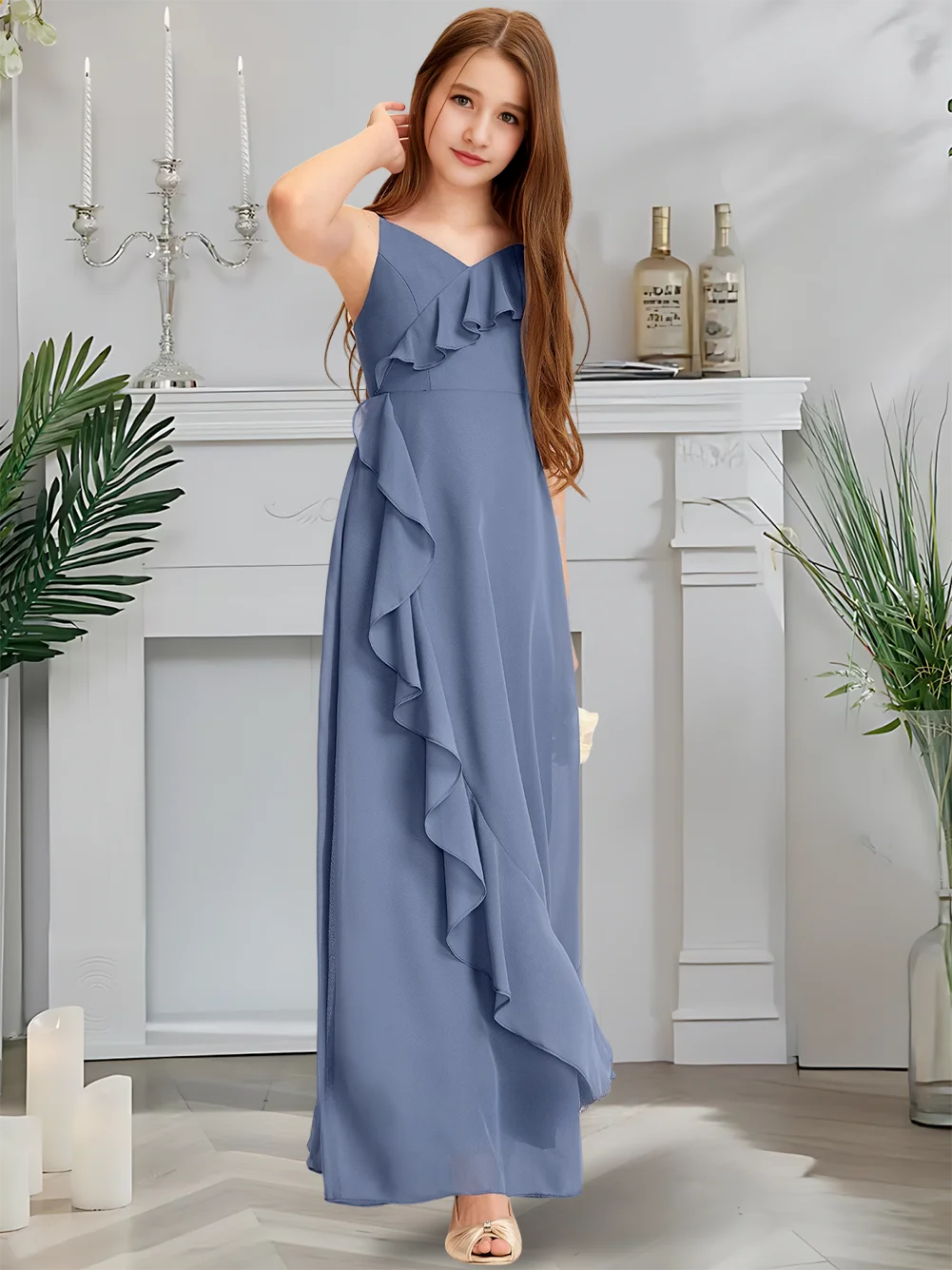 أنيقة ألف خط الرسن الشيفون الدانتيل جونيور فستان وصيفة الشرف الفضة زهرة فتاة فستان الطابق طول ثوب زفاف الكشكشة المتتالية