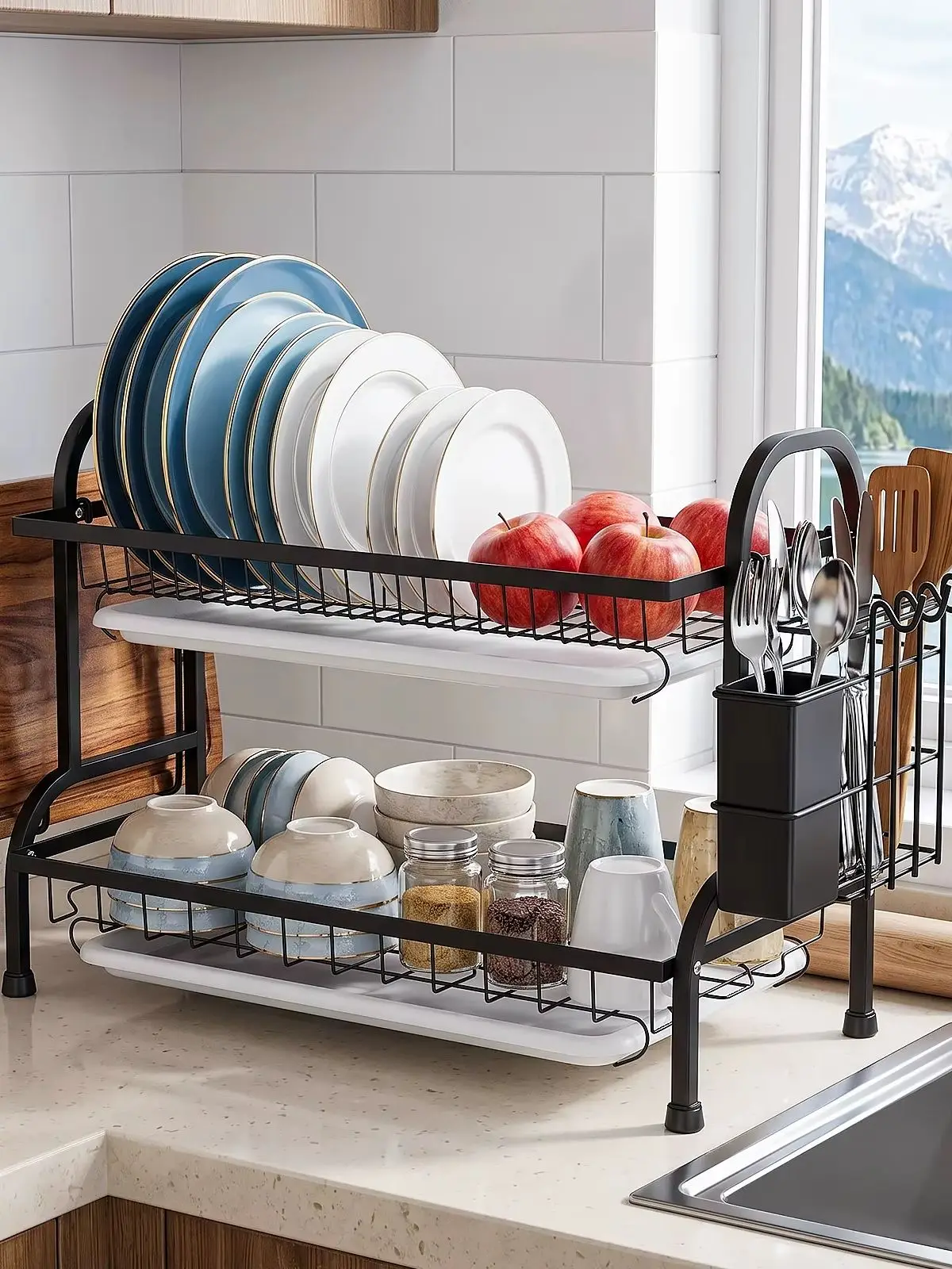 42 cm/53 cm – stojak na naczynia kuchenne, organizer na talerze do umieszczenia na blacie, dwupoziomowy, wielofunkcyjny pojemnik na naczynia z uchwytem na deskę do krojenia i tacką na przybory — 2