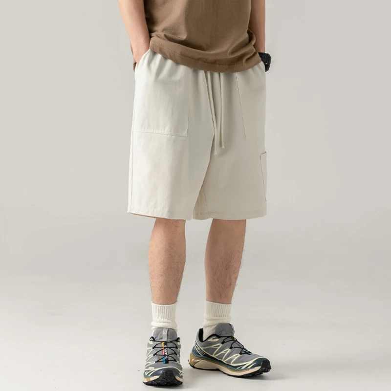 Men's Japanese Retro Cargo Shorts, Casual Five-point Pants, Monochromatic, Khaki, Large Pocket, Sports, Work, Trend, Summer