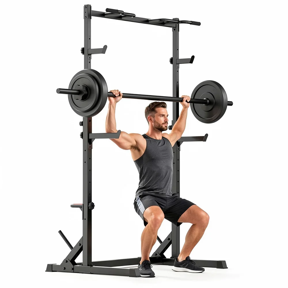 Squat Rack with Pull-Up Bar Power Tower Multifunctional Half Rack Adjustable Home Gym Station 222cm Height 300kg Capacity