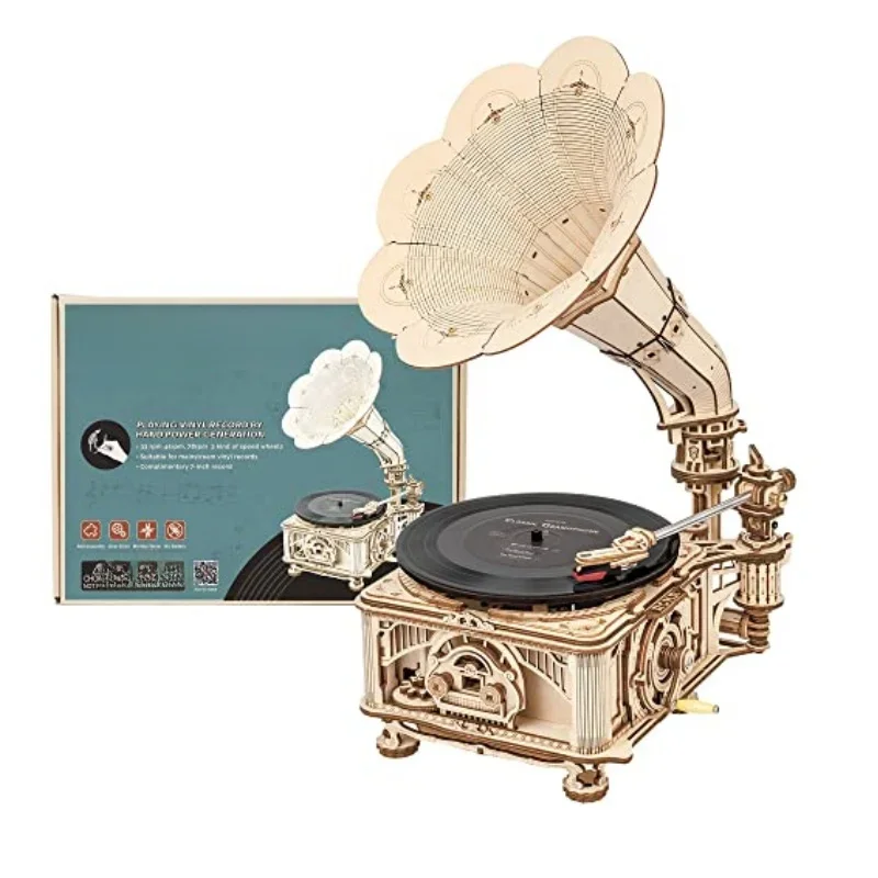 ROKR DIY Handkurbel-Grammophon Holzpuzzle-Modellbausatz Montage-Spielzeug Geschenk für Kinder LKB01