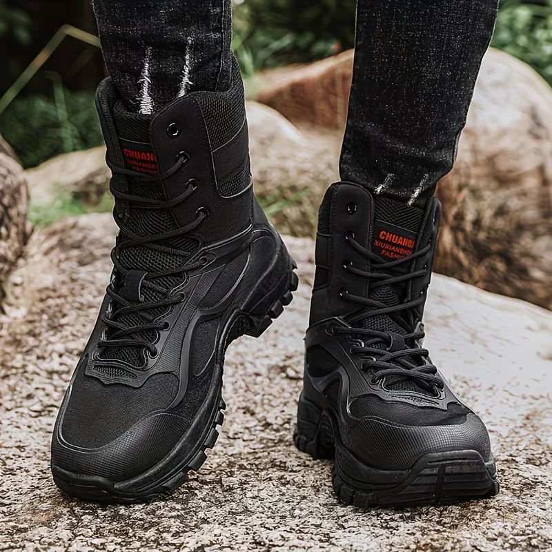 

2026 New Men's Black High Top Hiking Boots Non-Slip Tactical Work Boots Outdoor Trekking Shoes
