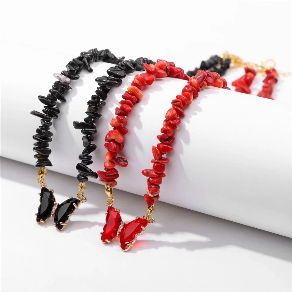 AliExpress GolbalJew Fashion Butterfly Crystal  Pendent Necklace Red Coral Obsidian Gravel Chip Stone Choker Anniversary Wedding Party Jewelry Gift