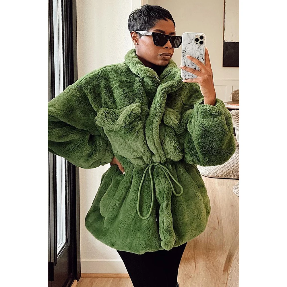 Plus Size Casual Green Faux Fur Oversized Jacket With Cinch Waist