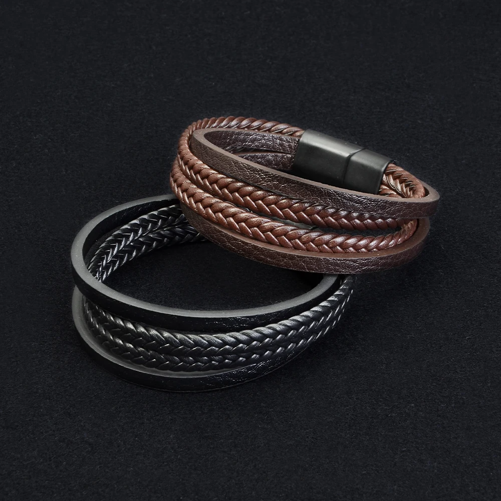 1pc Men Fashion Leather Bracelet Stainless Steel Multi-layered Braided Rope Bracelet Jewelry