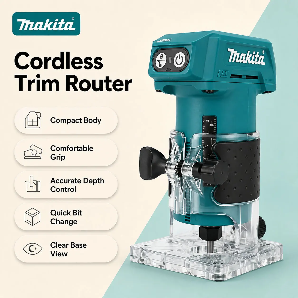 Makita DRT52 bürstenloser, kabelloser, kompakter Fräser mit XPT-Schutz, 18V LXT-System, Handgriff-Holzbearbeitungseinheit für präzise Mehrfachbearbeitungen, Kantenbearbeitung und stabiles Schlitzen