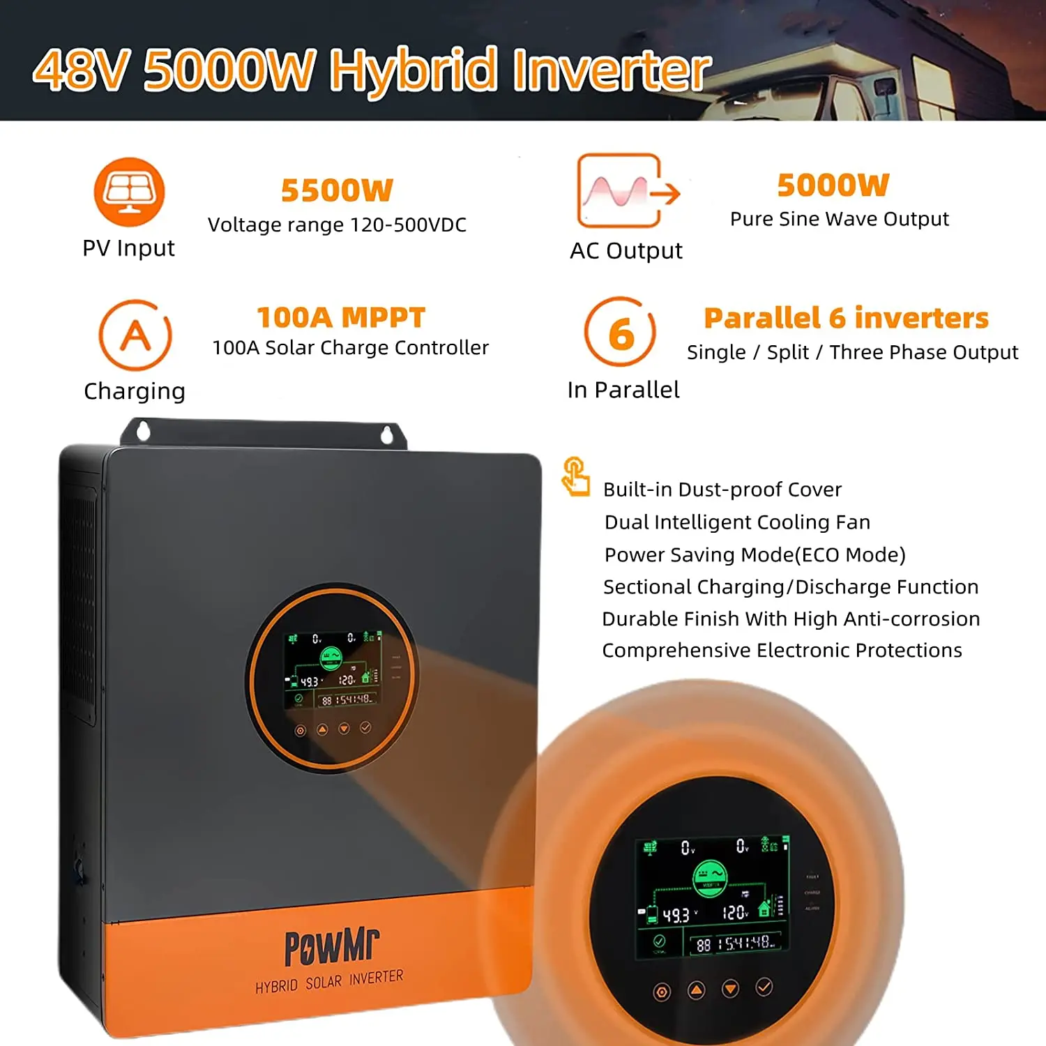 PowMr Split Phase Inverter 110V 48V 5KW On Grid Off Grid Pure Sine Wave Hybrid Solar Inverter with MPPT 100A Battery Charger