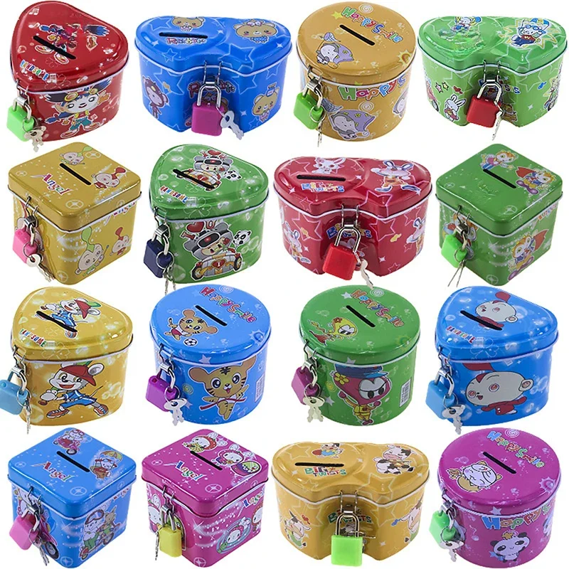 Tirelire carrée mignonne de dessin animé pour enfants, jouet en métal 18, économie d'argent, tirelire, pièce de monnaie, cadeaux d'anniversaire pour enfants, 4 documents avec serrure, clé