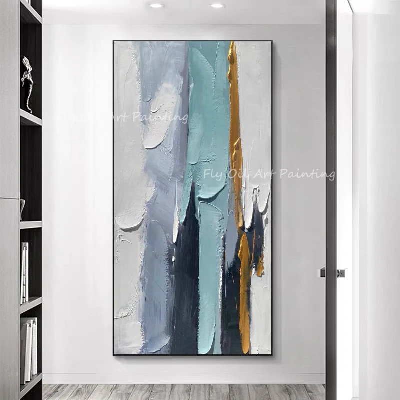 

Hand-painted abstract modern simple pure nordic large size light blue Oil Painting Grey Canvas Large Size Thick Picture Decor