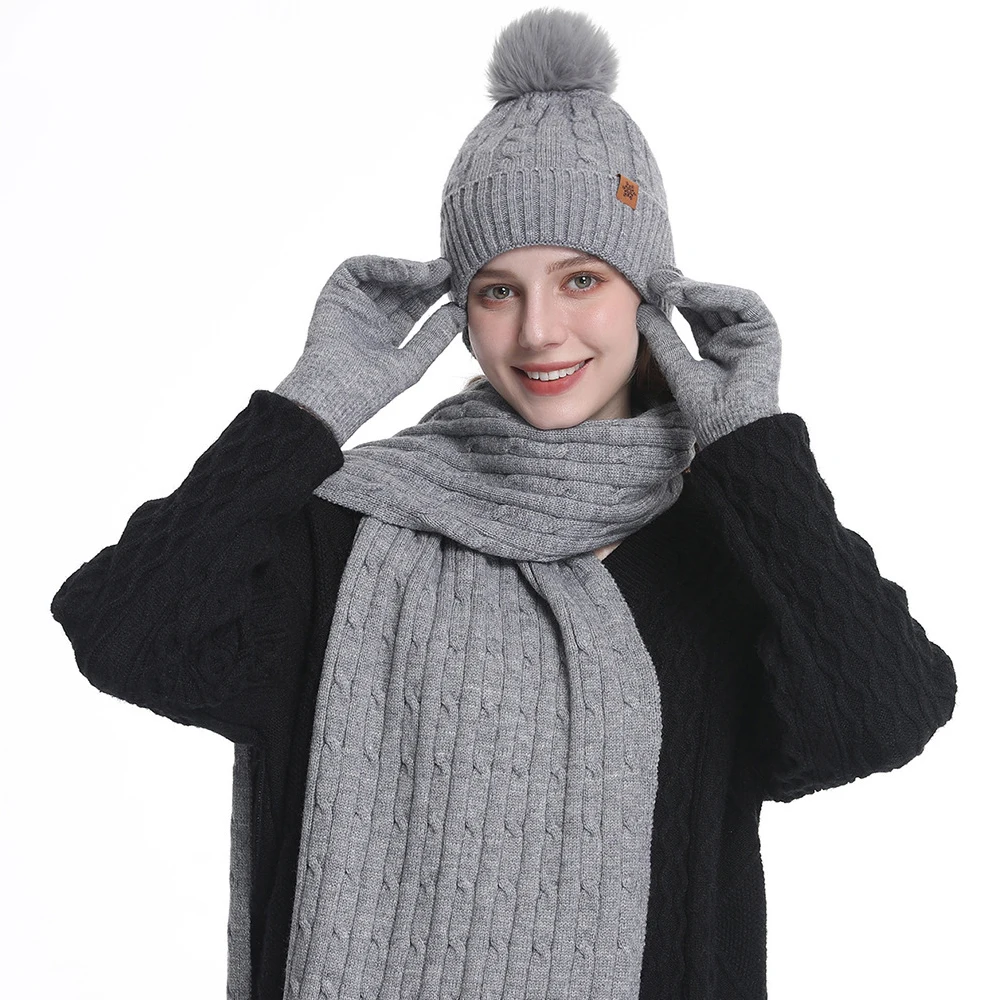 3Pcs/Set Women Winter Hat Scarf Gloves Faux Fur Ball Teenager Girls Knitted Warmer Scarf Suit Warm Windproof Woman Cap Set 2025