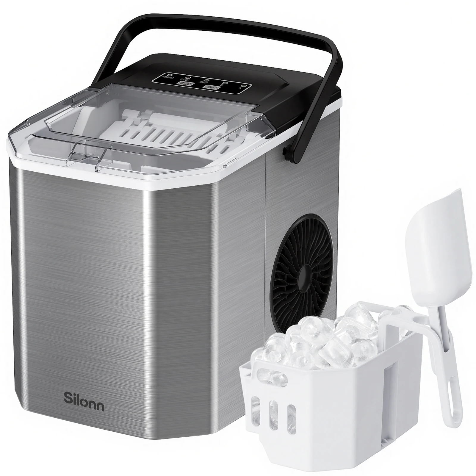 Silonn Eiswürfelmaschine, kompakt mit Tragegriff – 9 Eiswürfel in 6 Min., 12 kg Eis pro 24 Std., selbstreinigend, 2 Eisgrößen, für Küche, Büro & Feiern