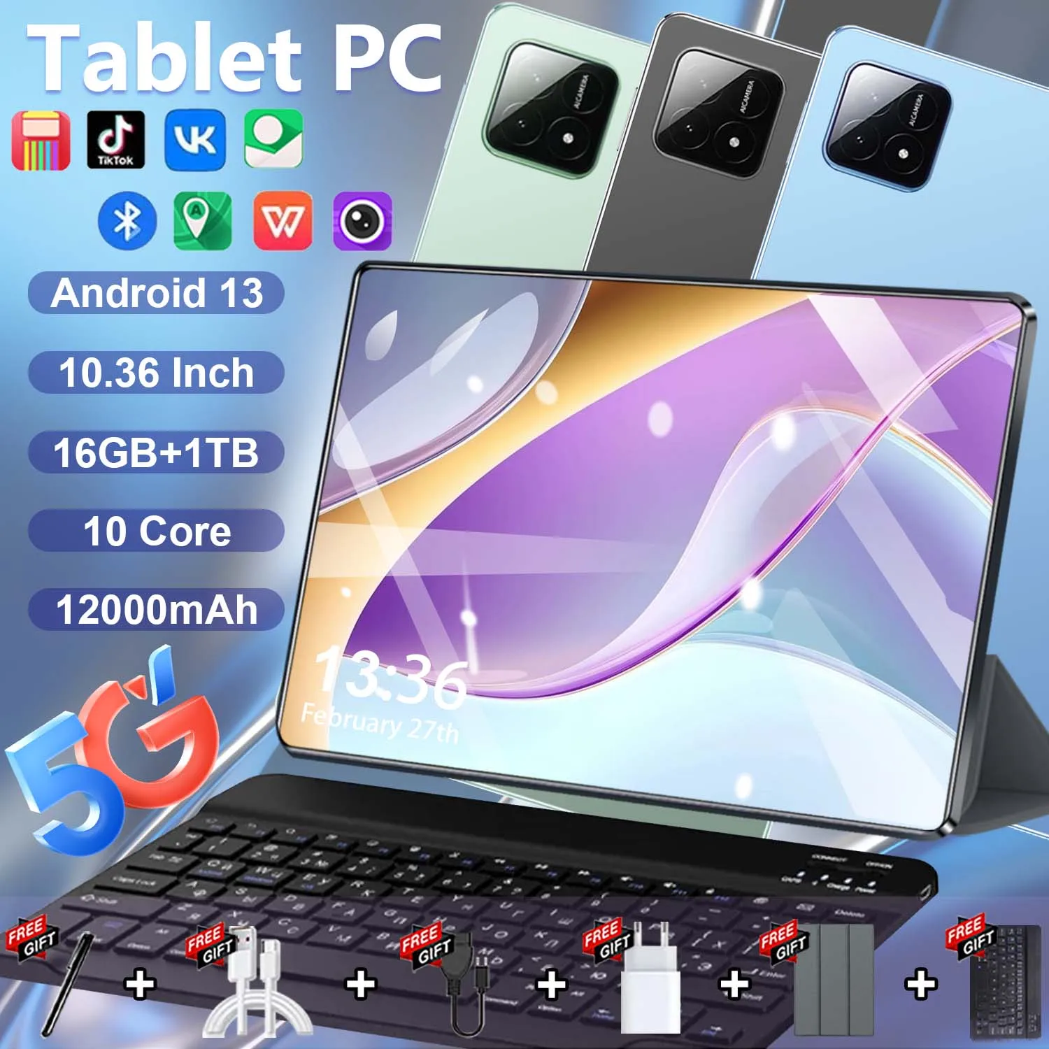 Tableta Android 13 de 10,36 pulgadas, 5G, WIFI, 16GB + 1TB, 12000mAh, 10 núcleos, cámara dual, 16MP, 32MP, teclado y bolígrafo gratuitos, pantalla HD de 2560x1600, batería de 12000mAh para trabajo, estudio y entretenimiento, envío gratis