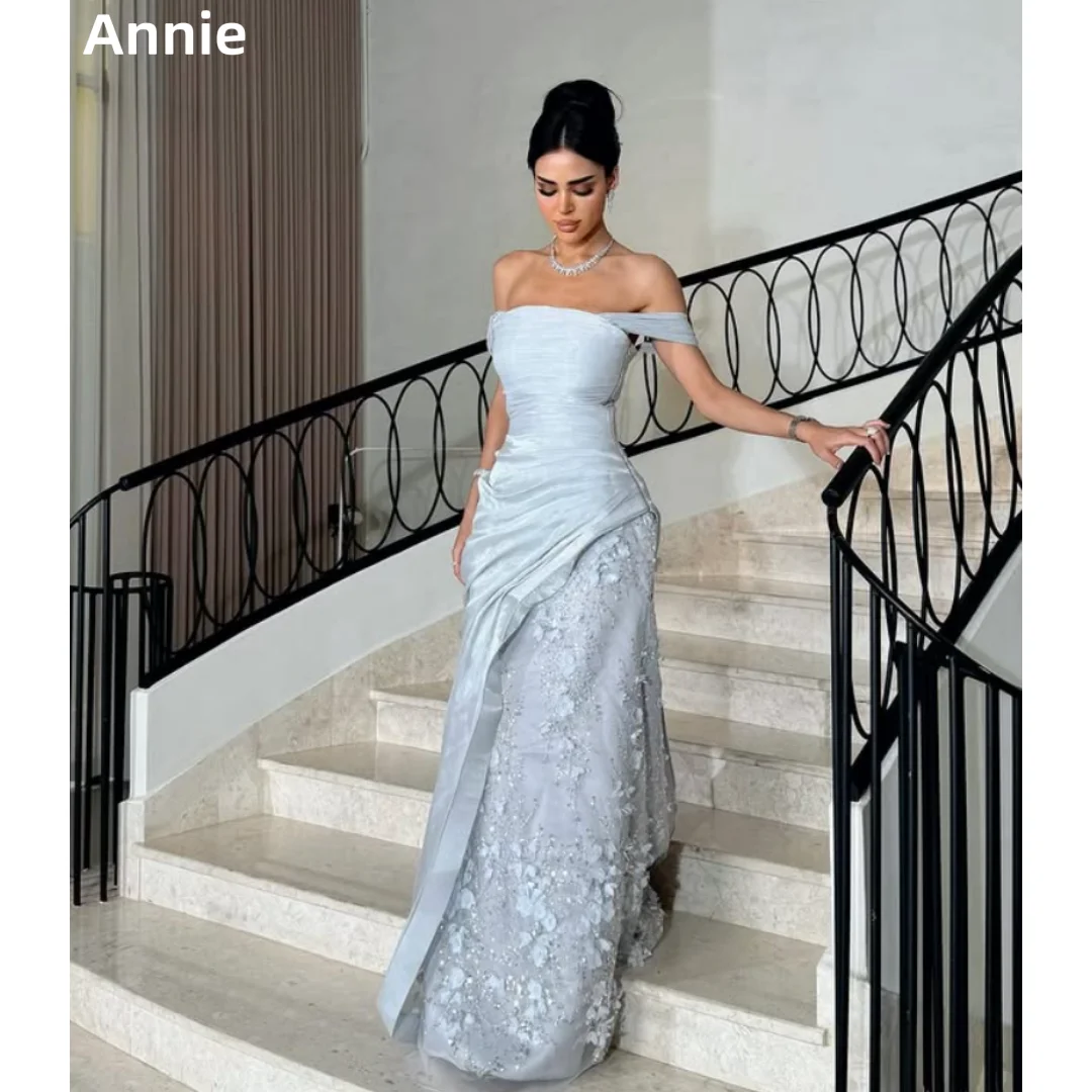 

Annie Wrinkled Gray Prom Dresses Glitter Embroidery Applique Luxuryl Evening Dresses Elegant Lady Wedding Party Dresses