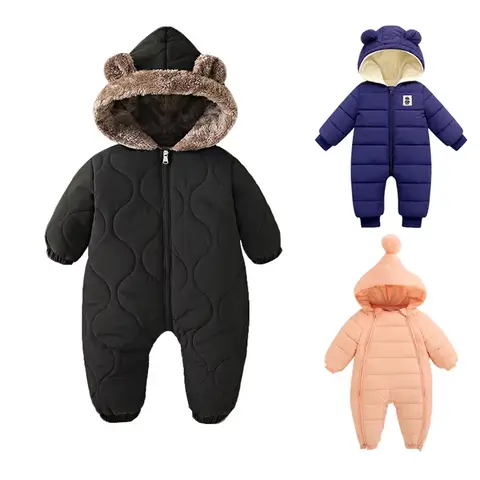 Baby jumpsuit winter new plush and thick hooded down climbing suit for babies to go out and hug clothes, newborn cotton jacket