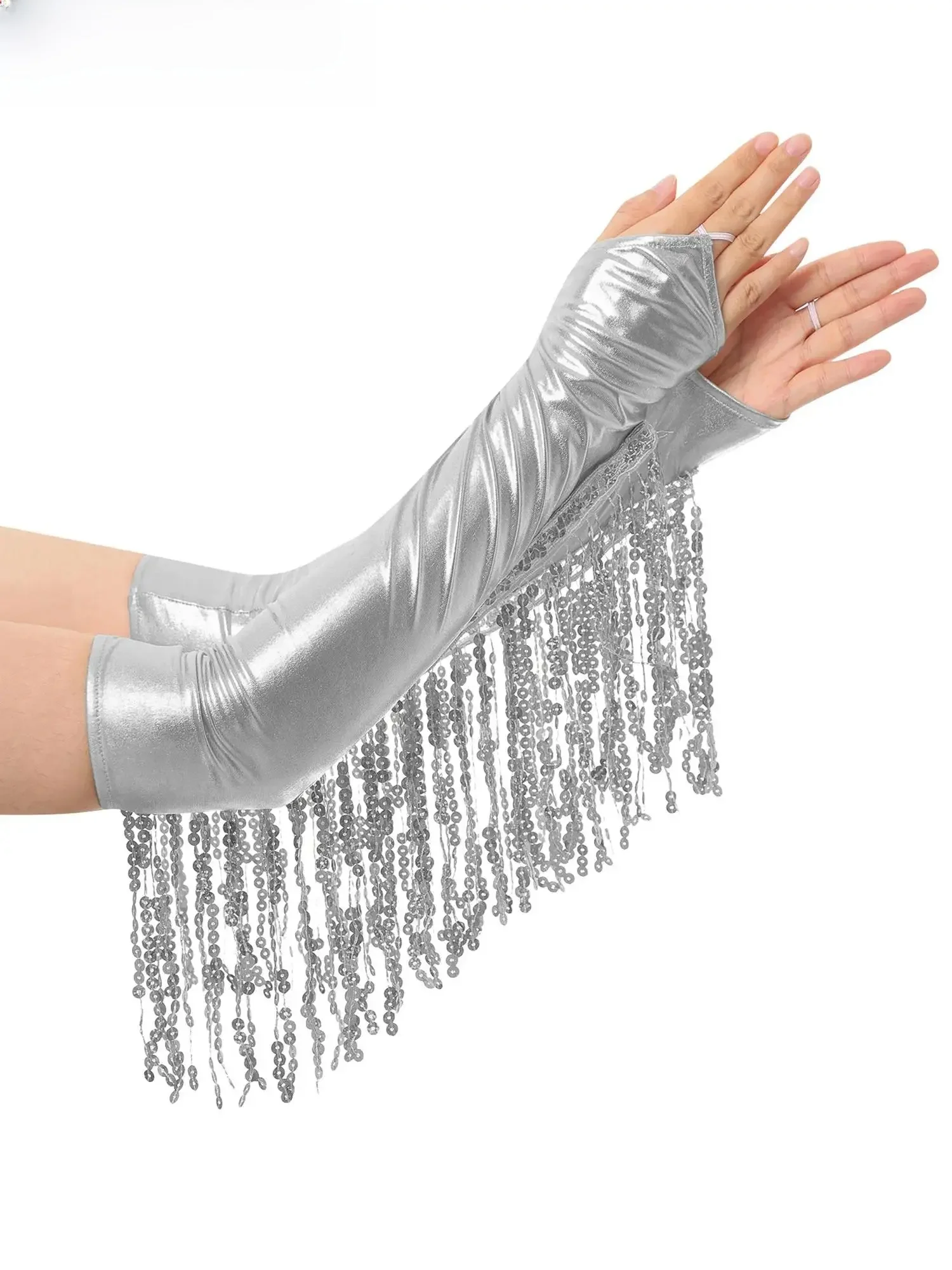 Gants à pampilles à paillettes métalliques brillantes pour adultes, longueur du coude, sans doigts avec de longs gants, mitaines de fête pour scène, cosplay d'opéra