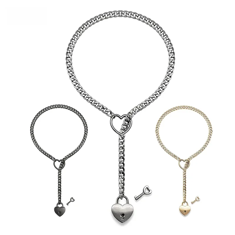 Slip Chain Herz O-Ring Halskette Punk Rock Kubanische Lange Halskette Schmuck für Frauen Lariat Y-Halskette Herz-Schloss mit Schlüssel