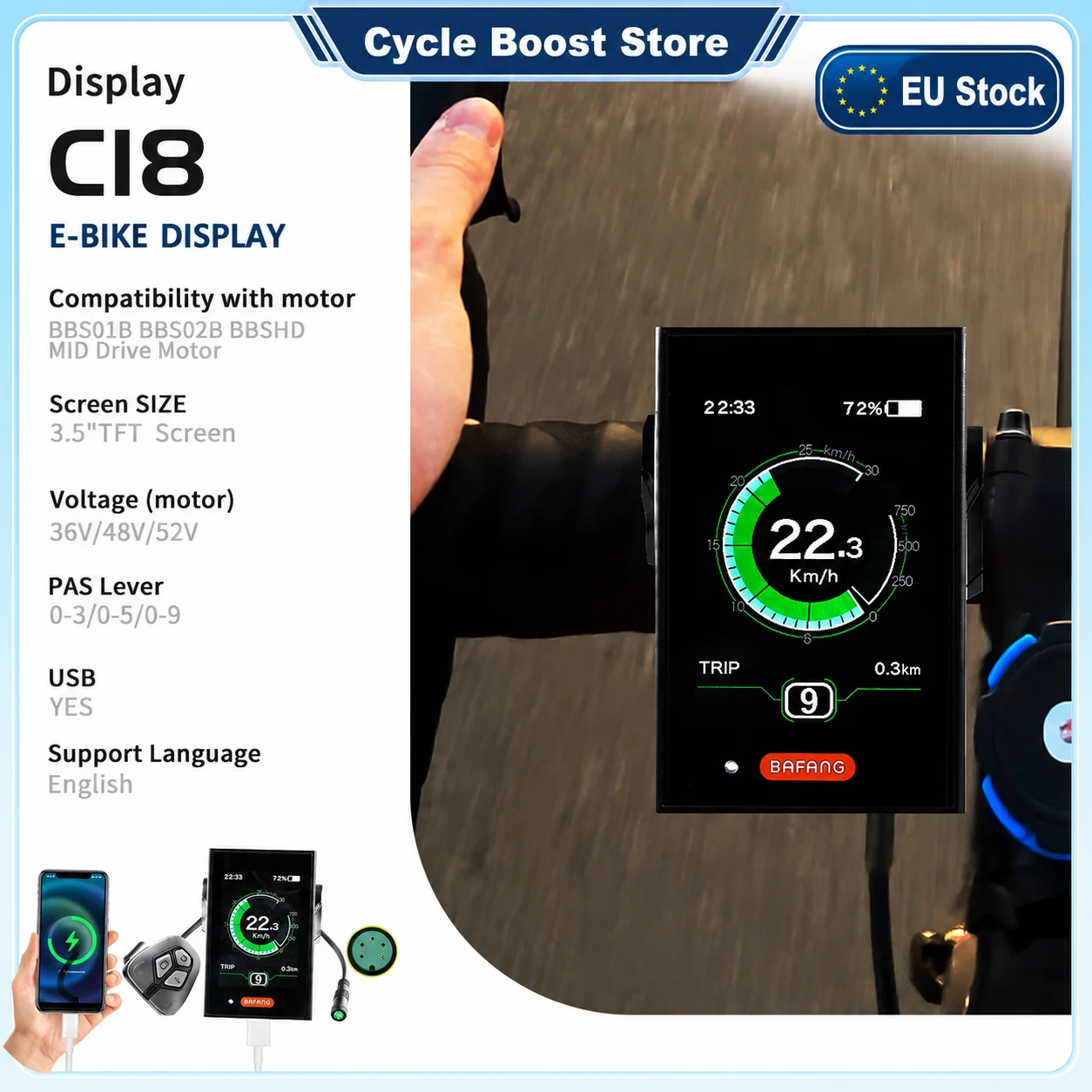 BAFANG DPC18 Original-Display für Elektrofahrräder, farbiges Display, USB-Anschluss für 8FUN BBS E-Bike Mittelmotor, 0-9 PAS, 5-PIN-Buchse UART