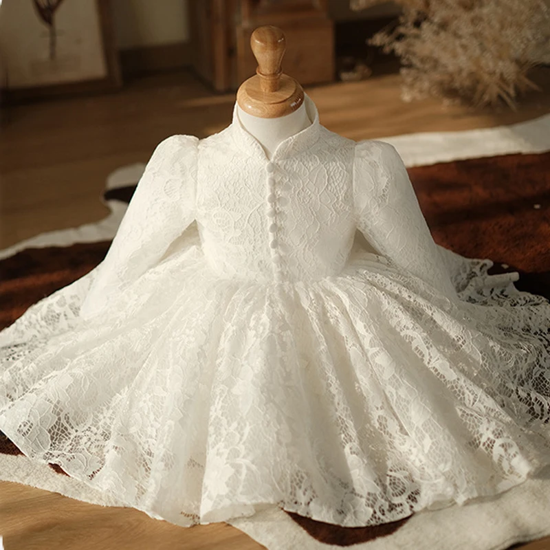 Girls White Lace Prom Princess Vestidos Baby Birthday Party One Year Old Christening Dresses Easter Girl Eid Host Evening Dress