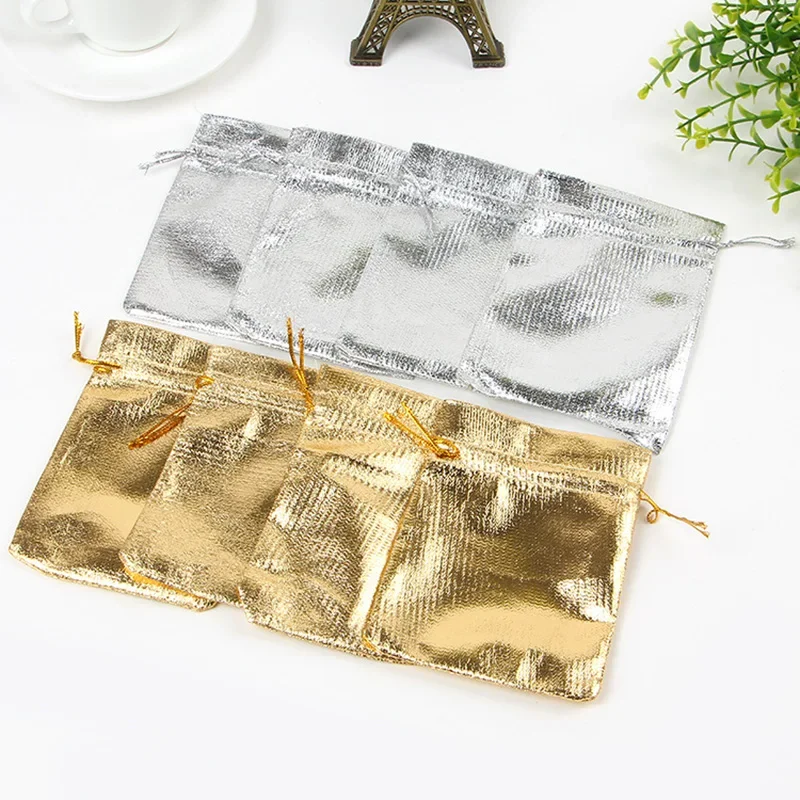 30 sztuk 7x9cm 9x12cm 10x1 5cm folia metaliczna do pakowania biżuterii srebrny/złoty kolor sznurek Velvet torba, prezent ślubny cukierki torby i torebki — zdjęcie 2