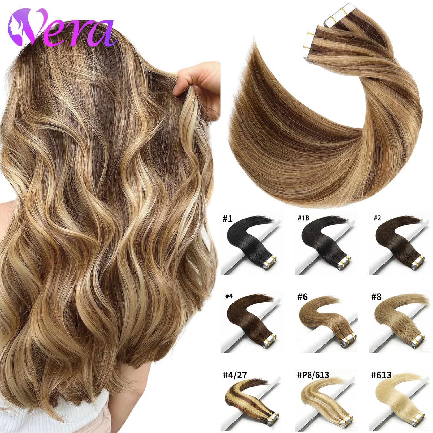 Tape In Hair Extensions Human Hair 50G 20Pcs #4/27 Highlight Color Tape Ins Straight Double Sided Skin Weft Remy Human Hair Tape