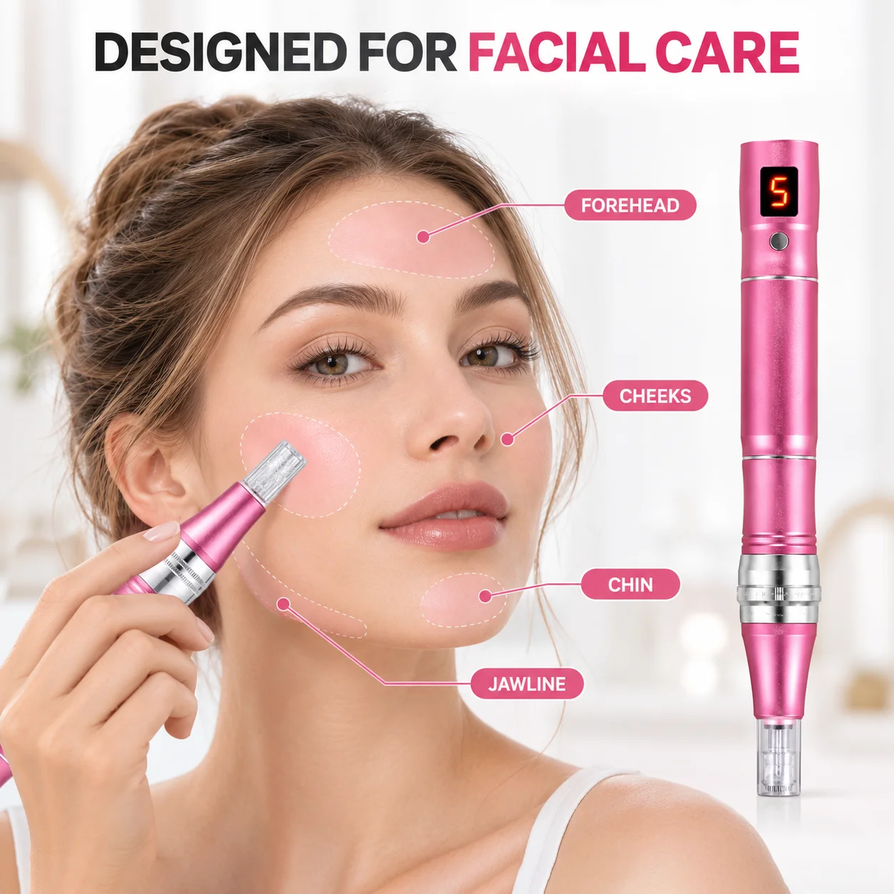 Electric Facial Beauty Pen 5 Speeds Digital Display with 10 Crystal Cartridges USB Cable for Home Skin Care