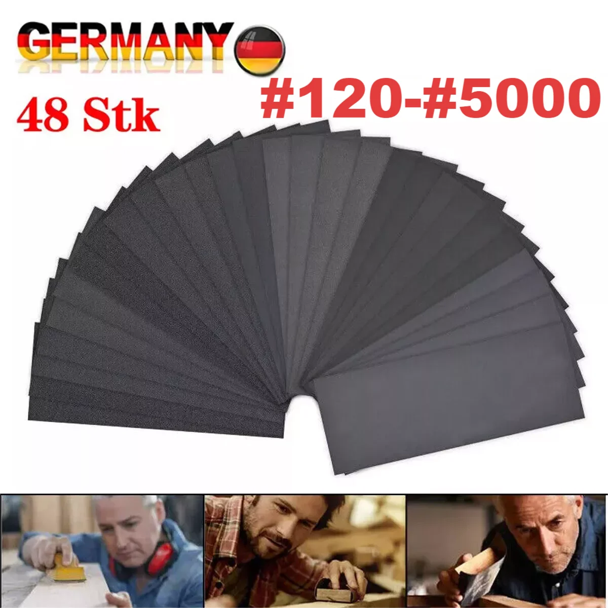 48-teiliges Nass- und Trockenschleifpapier-Set, 80-3000 Körnung, verschiedene Schleifpapierbögen, wasserdichtes Schleifpapier für die Autopolitur, Holzmöbel, Metall, Kunststoff, Glas, Lackveredelung