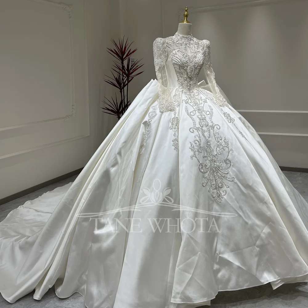 Wedding Dress High Detachable Neckline Long Sleeve Lace Up Keyhole Back Sequined Beading Satin Pearls Wedding Bride Dress