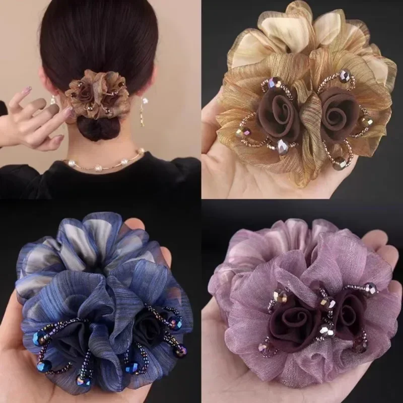 Élastique coiffure fleur cheveux corde élégante femme Updo queue de cheval élastique grand chouchou cheveux accessoires pour les femmes
