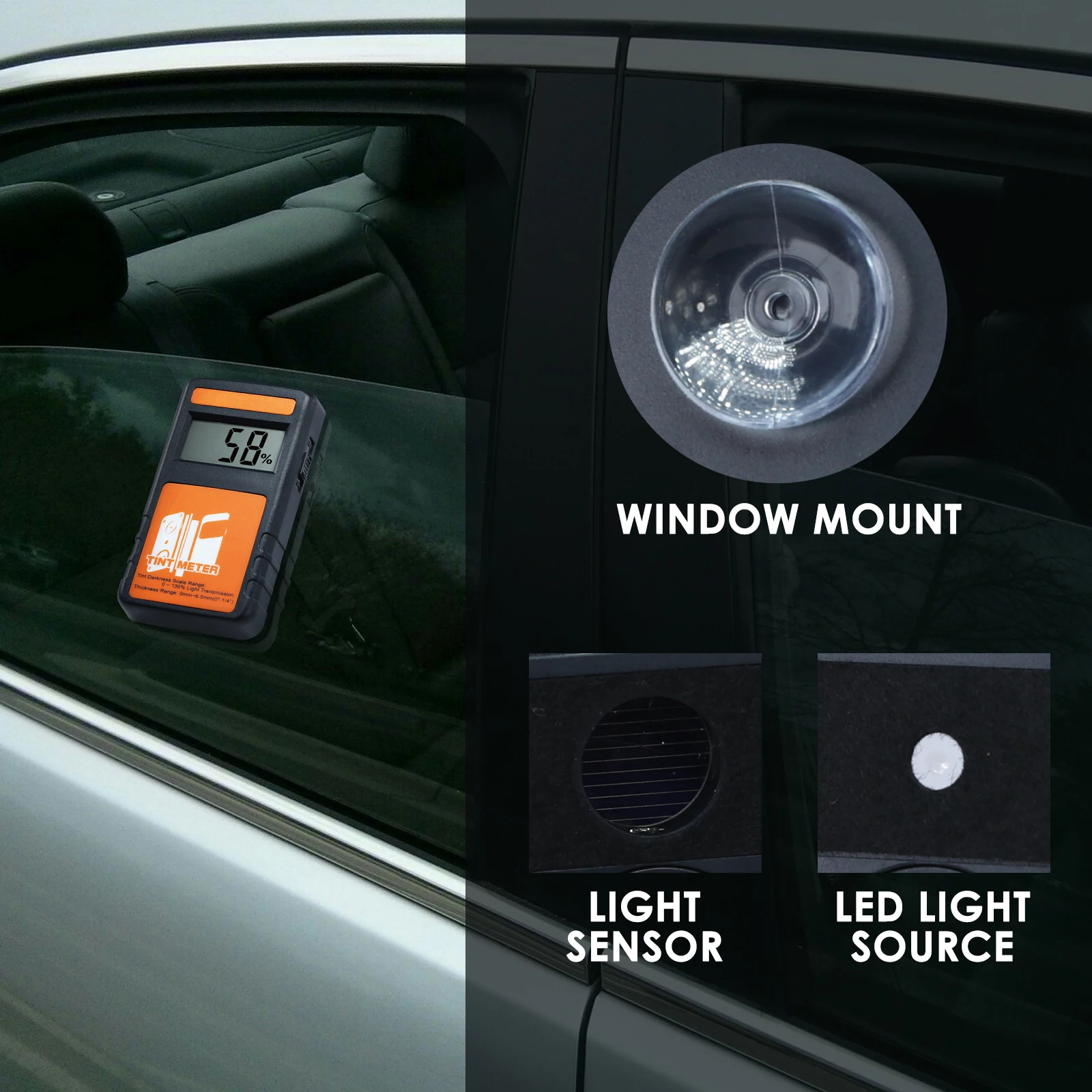 Digital Window Tint Meter VLT Light Transmittance & Thickness Tester 550nm LED Data Hold Function 6.5mm Thickness Measurement