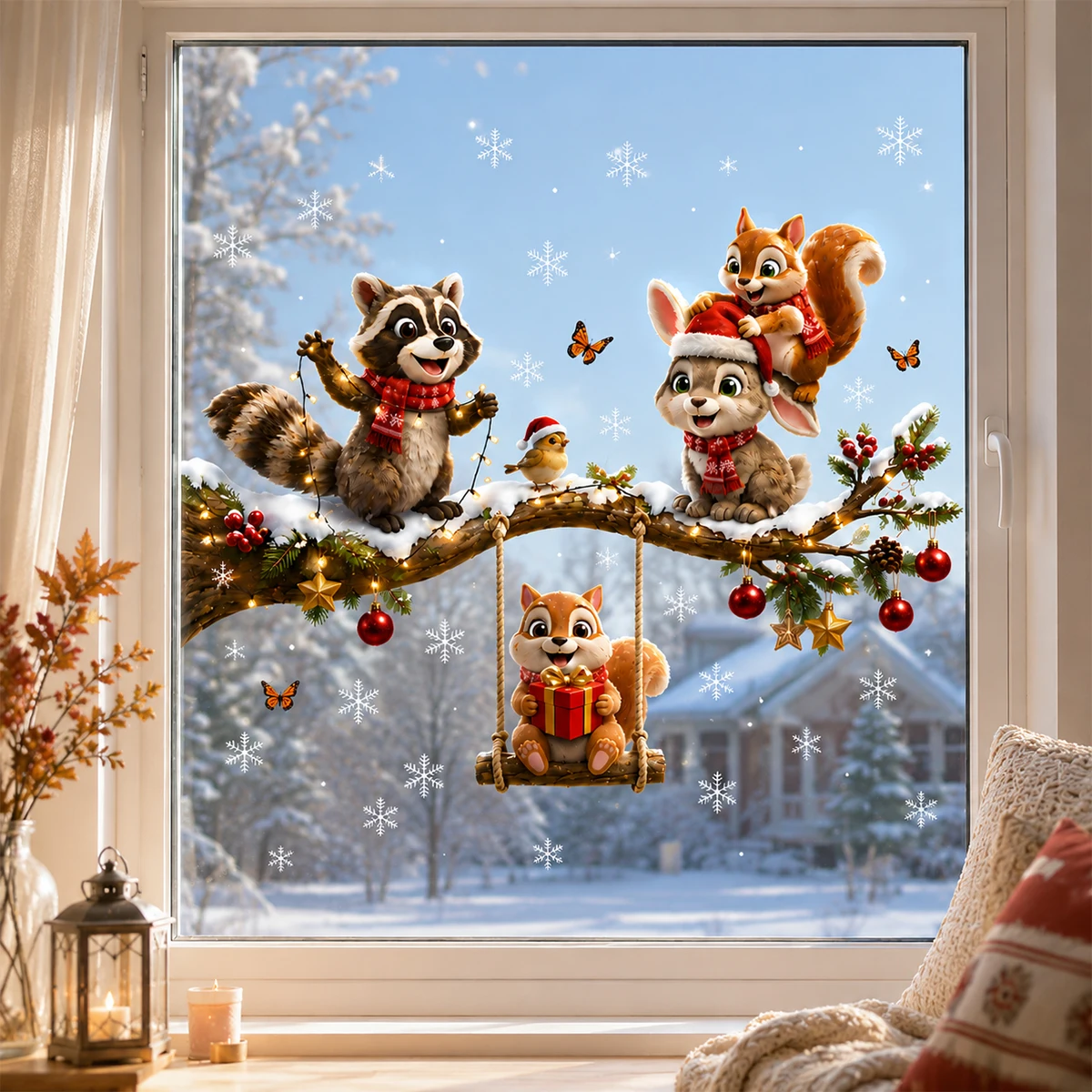 Christmas Woodland Animals Wall Sticker Cute Squirrel Bunny Window Wall Decal Winter Holiday Decor Kids Room Kitchen Home Decora