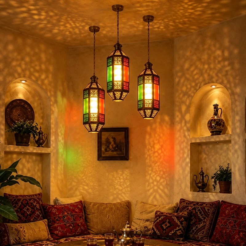 Moroccan Colorful Pendant Light Vintage Acrylic Ceiling Lamp Wrought Iron Lantern Living Room Bedroom Restaurant Hallway Decor