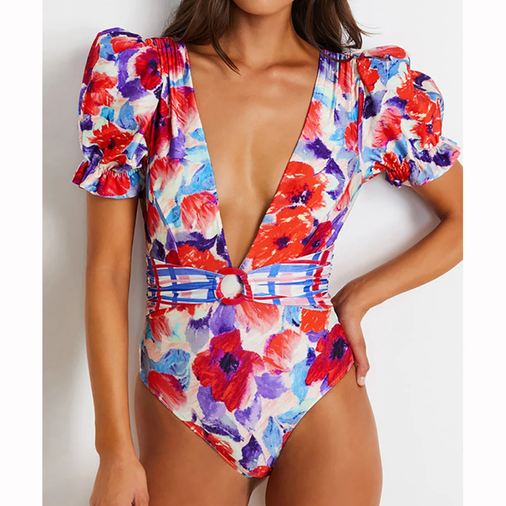 Swimwear Women 2022 Retro Women's Bathinng Suit One-piece Swimsuits Deep-v Beach Wear Puff Sleeves Fashion Printed Bikini Luxury