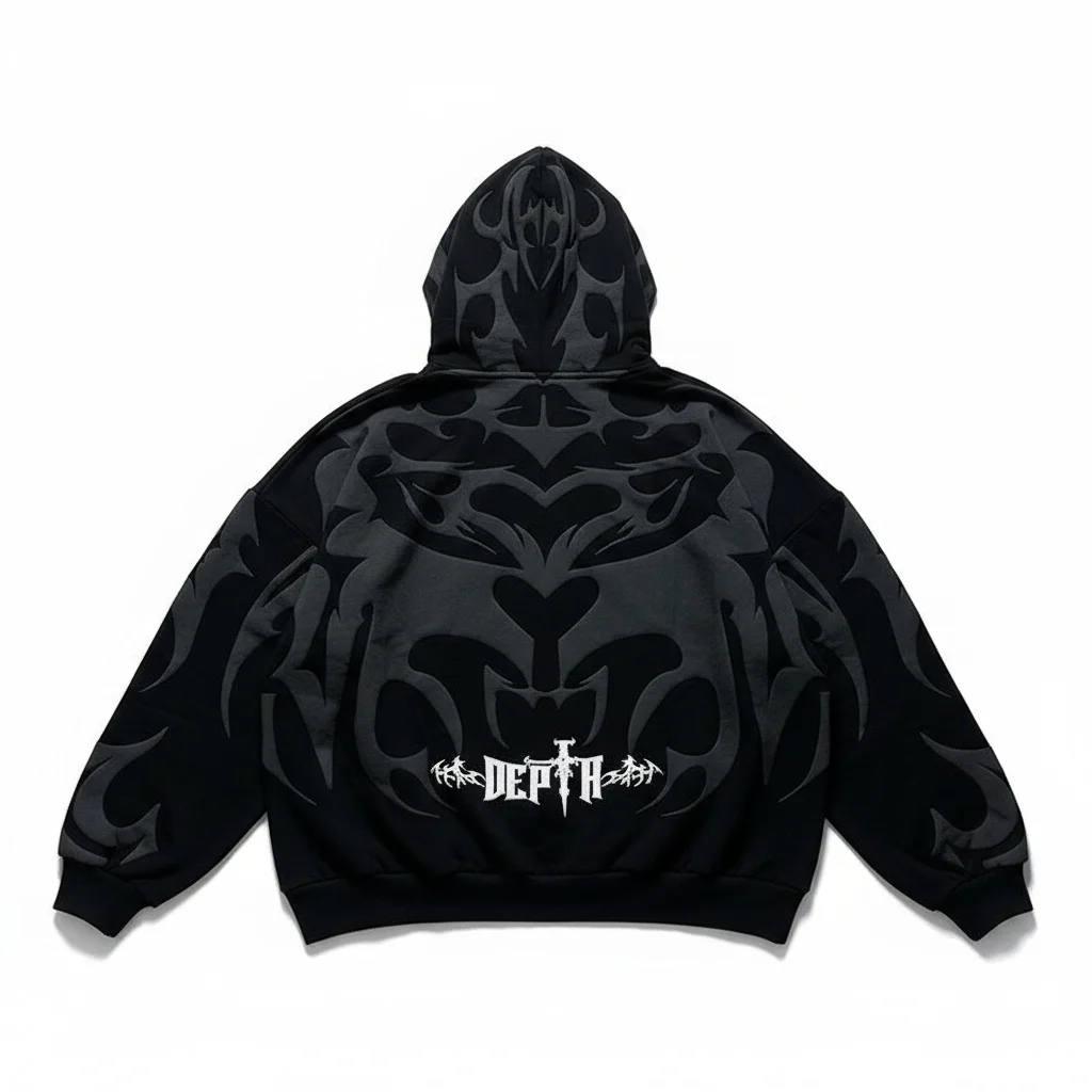 เสื้อฮู้ดสตรีทสไตล์ใหม่ที่ไม่ซ้ำใคร พร้อมเสื้อคลุมคาร์ดิแกนสไตล์ดาร์กและหมวกที่มีลายพิมพ์โฟมรูปแบบซิป