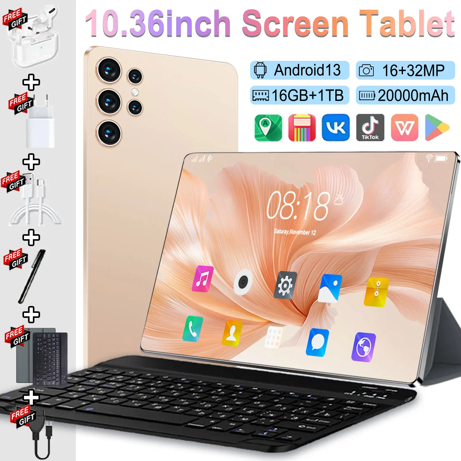 Tablette mondiale 10,36 pouces HD 14 cœurs 20000 mAh 16 Go + 1 To, appareil photo 16 MP + 32 MP, 5G Android 13, double SIM, WPS Office