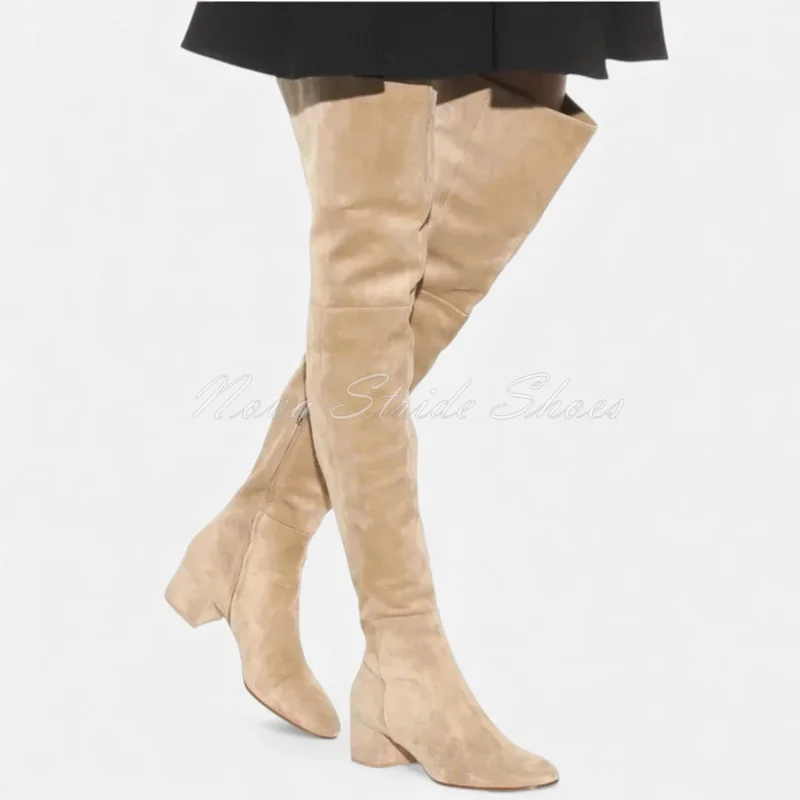 

Women's Apricot Suede Leather Knee High Boots Chunky Heel Square Toe Over The Knee Boots Winter Side Zip Warm Female Shoes