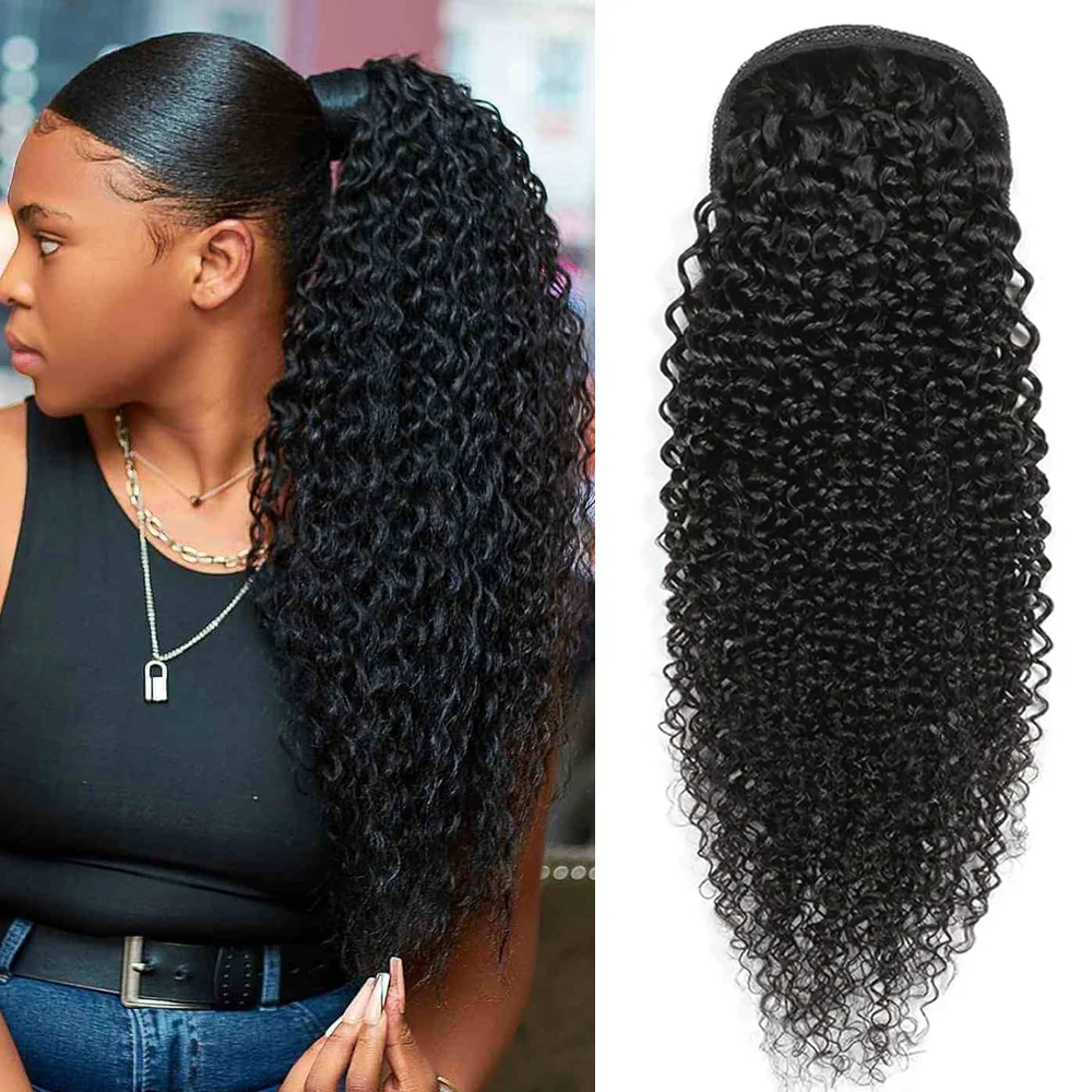 

Наращивание хвоста на шнурке, человеческие волосы, глубокая волна, натуральный хвост, вьющийся шиньон, натуральный цвет, толстый конец для чернокожих женщин