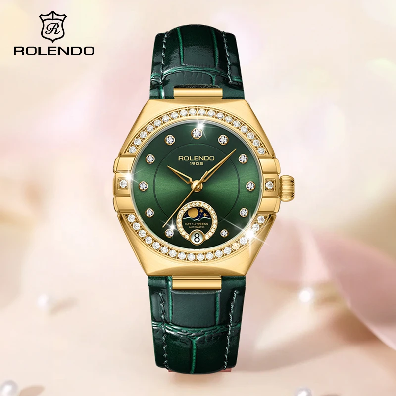 ROLENDO Constellation Style Automatic Women's Watch Secret Emerald Strap Green Dial Day-Date Mineral Crystal Waterproof Elegant